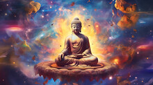 Spiritual Background For Meditation With Buddha Statue With Galaxy Universe Background. Meditation On Outer Space Background With Glowing Chakras