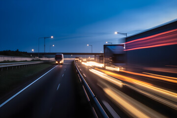 Wall Mural - background photograph of a highway truck on a motorway motion blur light trails evening or night shot of trucks doing logistics and transportation on a highway 