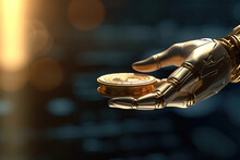 Artificial Intelligence Robot Hand Holding Gold Coin Generative AI