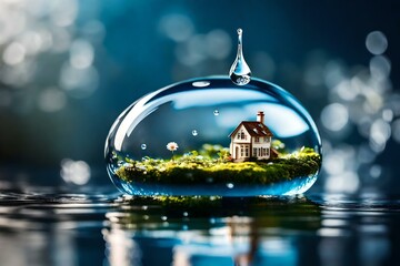 A beautiful house, perfectly miniature, nestled within the delicate droplet of a water