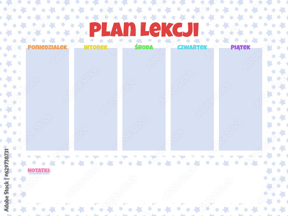 Plan lekcji dla dzieci z kolorowymi tęczowymi literami i gwiazdkami