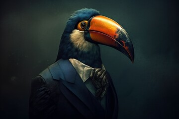 Wall Mural - Anthropomorphic toucan dressed in a suit like a businessman. Business Concept. AI generated, human enhanced