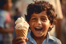 A Beautiful Cute Young Indian Baby Kid Child Boy Model Guy Holding And Eating A Gelato Ice Cream In A Cone Outside In A City On A Sunny Summer Day. Blurred Background. Generative AI