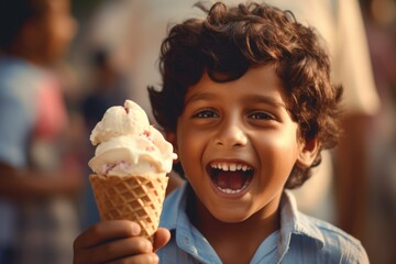 a beautiful cute young indian baby kid child boy model guy holding and eating a gelato ice cream in 