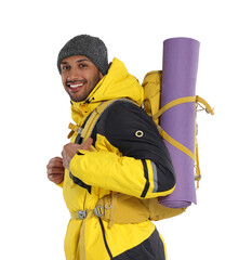  Happy tourist with backpack on white background