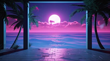 Wall Mural - tropical island with palm trees vaporwave