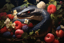 Serpent Charm, Whimsical Illustration Of A Snake With Apple And Flowers