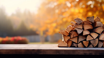 Stack of firewood, grey wooden table autumn, blurred background.