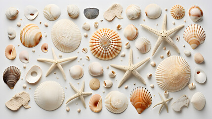  small seashells, fossil coral and sand dollars, puka shells, a sea urchin and a white starfish sea star, ocean, summer and vacation 