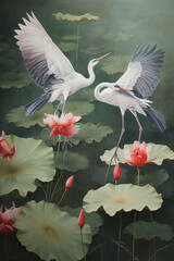 A painting of japanese cranes flying over a red background, in the style of dark