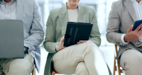Poster - Waiting room, technology and people hands for networking, recruitment information and planning job or opportunity online. Phone, laptop and tablet of women with men for teamwork and job collaboration