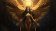 Guardian of the Sun, Majestic golden goddess Isis with outstretched wings, a captivating illustration,