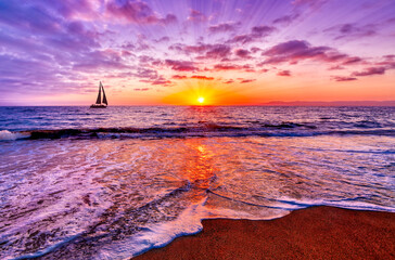 Wall Mural - Sunset Sailboat Ocean Inspirational Surreal Nature Romantic Colors