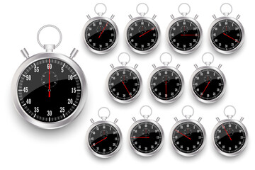 Poster - Realistic classic stopwatch. Time counter with dial. Shiny metal chronometer. Countdown timer minutes and seconds. Vector illustration. Eps 10.