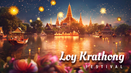 Canvas Print - Happy Loy Krathong festival of Thailand background with golden temple and fireworks