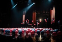 Presidential Campaign Hall Decorated With American Flags And Balloons With The Symbols Of The American Flag.preparation With Elections.the Concept Of Elections And The Free Will Of The People. 
