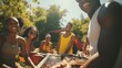 © SayLi - a photo of a black african american family and friends having a picnic barbeque grill in the garden. having fun eating and enjoying time. sunny day in the summer. for an ad. Generative AI