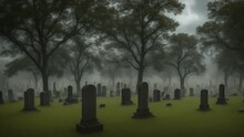 A Cemetery With Fog And Trees In The Background