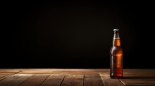  Bottle Of Beer On Wooden Planks With Copy Space, Dark Background