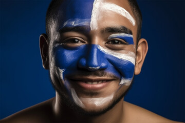 Wall Mural - happy young man with a pattern on his face in the colors of the flag of El Salvador. 