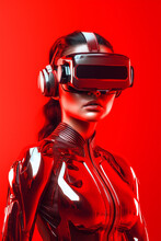 A Beautiful Athletic Girl With A VR Headset And A Red Latex Suit, Immersed In Virtual Reality And Using Augmented Reality Technology. 