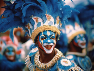 colorful and bright Brazilian carnival illustration. Portrait of a participant against a blurred background