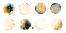 Set Of Watercolor Splashes Brush Strokes, Navy Blue, Yellow, Illustration And Gold Elements, Isolated On White And Transparent Background, Ai Generate