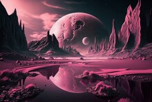 A Surreal Pink Alien Landscape Partly Shrouded In Darkness. Generative AI