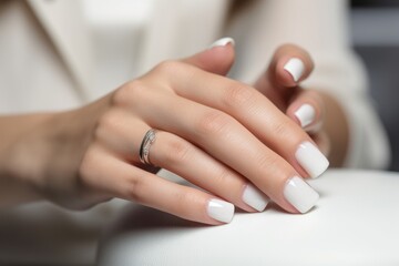 close up photo of beautiful female hands with white nails manicure in a nail salon. Generative AI