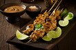 Chicken satay skewers with lime & peanut sauce. Delicious Asian Thai cuisine. Generative AI