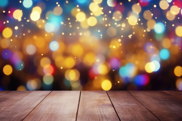 Wall Mural - Blurred Festive Digital Abstract Background with Empty Wooden Table on a Foreground
