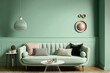 Contemporary lounge interior, sofa, mint green wall. Generative AI