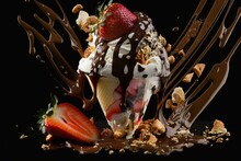 A Decadent Sundae With Chocolate Ice Cream, Fresh Strawberries, And Nuts On A Black Background With Ice Cream Falling Off. Generative AI