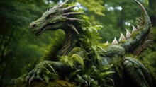 A Majestic Green Dragon Statue In A Serene Forest Setting
