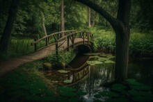 A Lovely Scene Of A Wooden Bridge Amidst Lush Forest And A Small Waterway Passing Beneath It. Generative AI