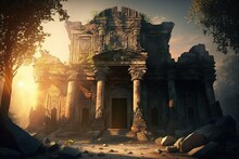 Mystical Abandoned Temple. Gothic Ambiance Set In The Morning Sun. Generative AI