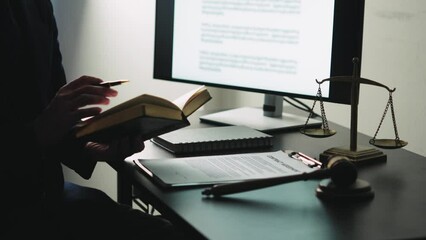 Poster - Lawyer business woman working or reading lawbook in office workplace for consultant lawyer concept