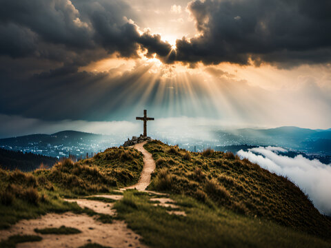 holy cross symbolizing the death and resurrection of jesus christ with the sky over golgotha hill is