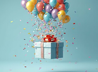 A colorful gift box with balloons flying out in celebration