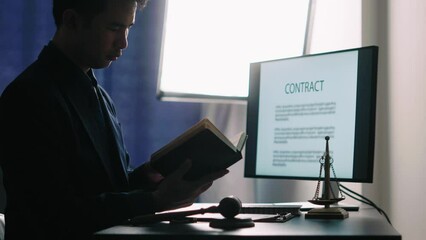 Poster - Lawyer business woman working or reading lawbook in office workplace for consultant lawyer concept