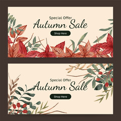 Wall Mural - Autumn leaves watercolor banner sale for fall season celebration