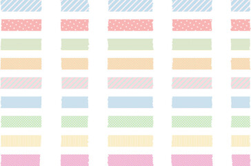 Illustration set of masking tape that looks like it was torn by hand / dull color / stripe / dot / pattern / colorful