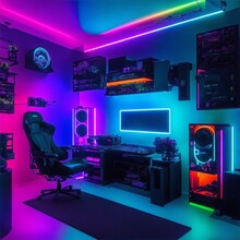 Immersive Gaming Haven: Exploring A Vibrant Gaming Room Adorned With A Towering PC, Booming Speakers, And An Enthralling Full LED RGB Setup
