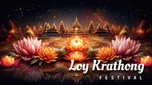 Happy Loy Krathong Festival Of Thailand Background With Golden Temple And Candle Lotus Flower