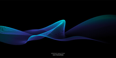 Abstract smooth wavy lines pattern blue and green gradient light isolated on black background. Vector in concept of technology, science, music.