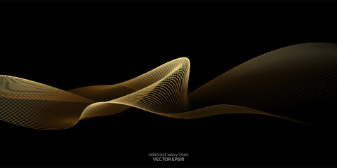 Fototapete - Abstract smooth wavy lines pattern gold gradient light isolated on black background. Vector in concept of luxury, technology, science, music.