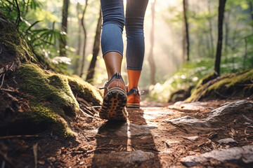 back view of a young woman walking on the trail in a forest, close-up of a shoes