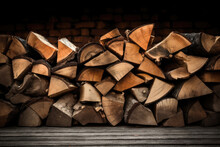 Stacked Chopped Firewood On The Desk, Brick Wall On Background