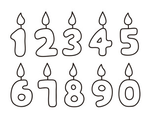 Set of hand drawn candle shaped numbers in doodle style. Illustration of candles used for birthdays, parties and celebrations.