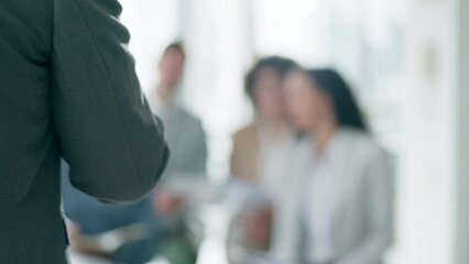 Poster - Business, conference and man with blurred background at seminar, presentation and mentor training in office. Workshop, coach and motivation, leader and team in meeting for strategy, planning and b2b.